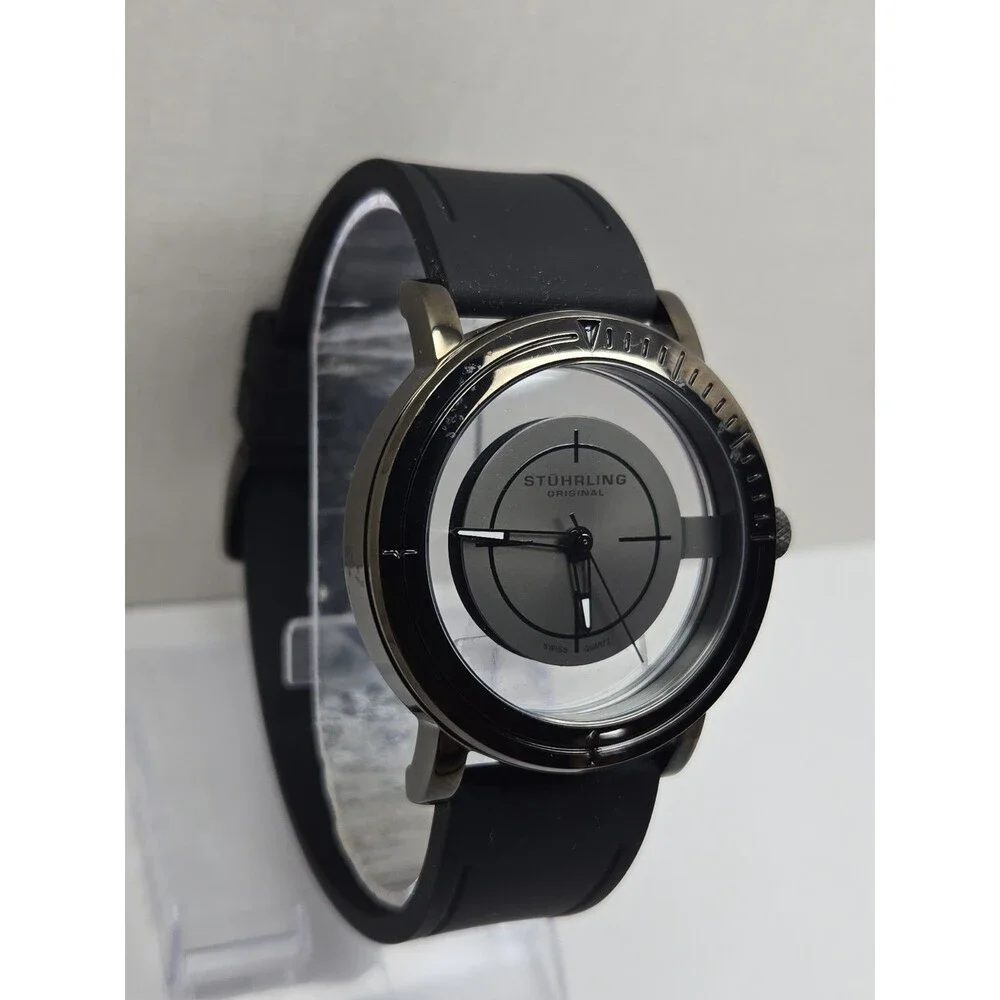 Stuhrling Original Aviator Mens Quartz Silver Dial Rubber Watch 42mm New Battery
